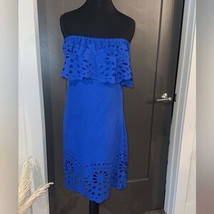 Blue Strapless Dress with Eyelet Details